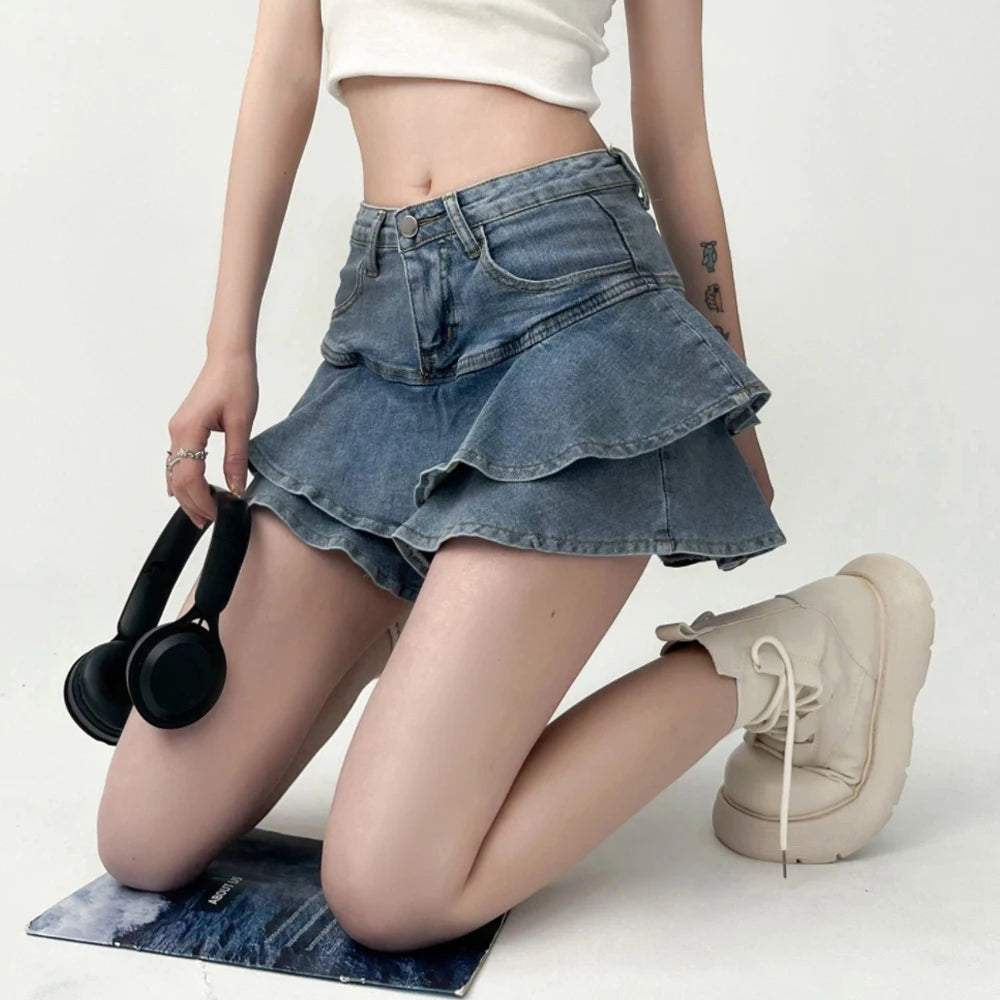 Korean Style Denim Mini Skirt - High Waist A-Line Vintage Wash Ruffle Skirt