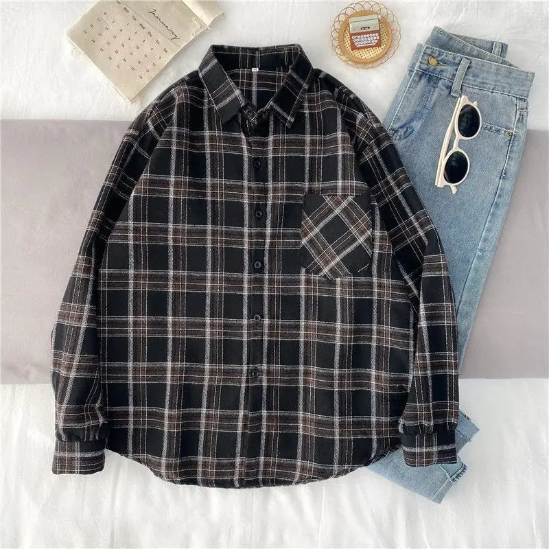 Korean Style Oversized Plaid Shirt - Women's Long Sleeve Button Up Blouse