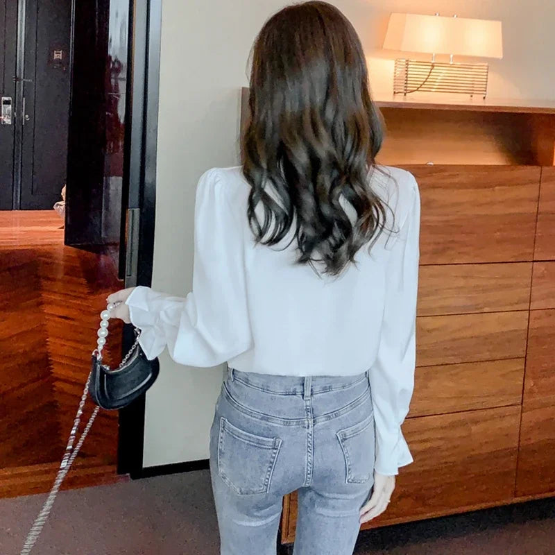 Korean Style Chiffon Blouse - Elegant Long Sleeve White Shirt for Women