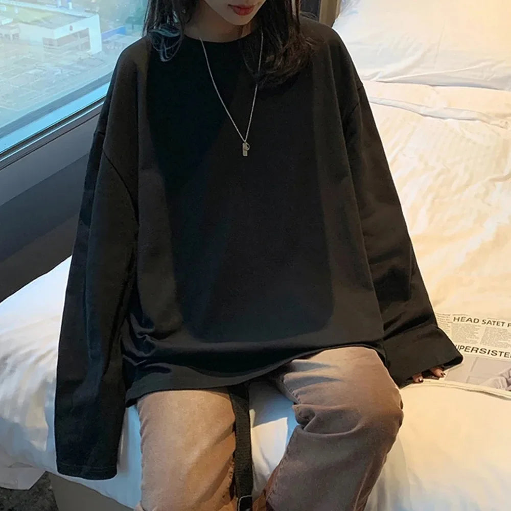Korean Style Oversized Long Sleeve T-Shirt for Women - Casual Cotton Tee