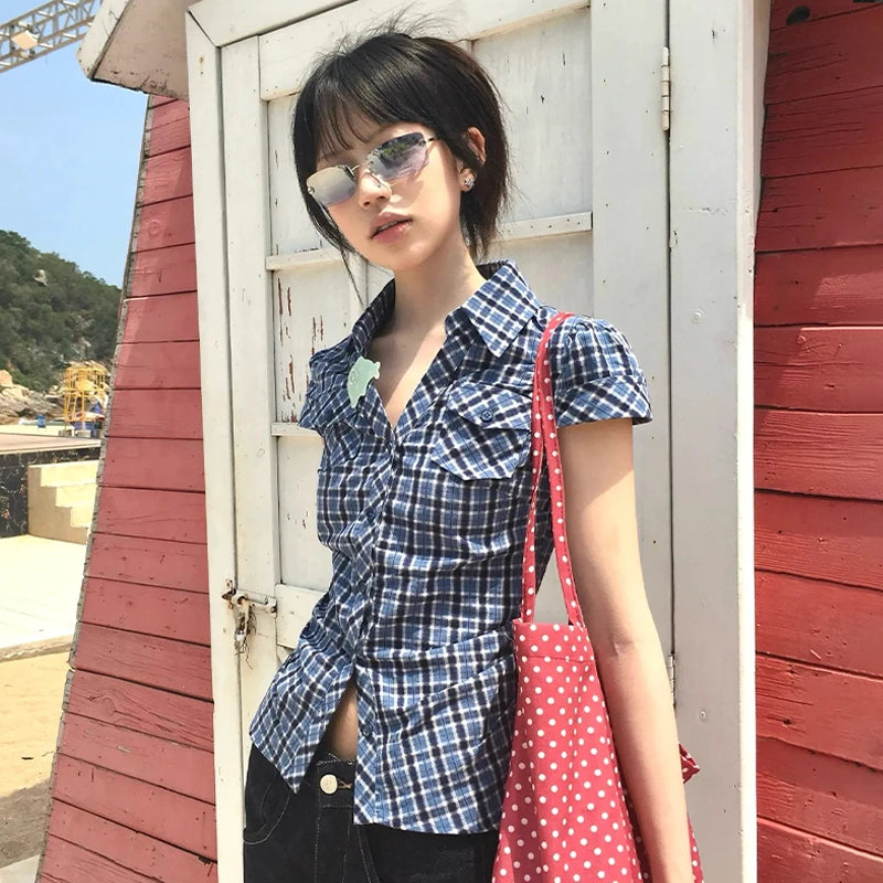 Korean Style Y2K Plaid Shirt - Women's Vintage Short Sleeve Blouse