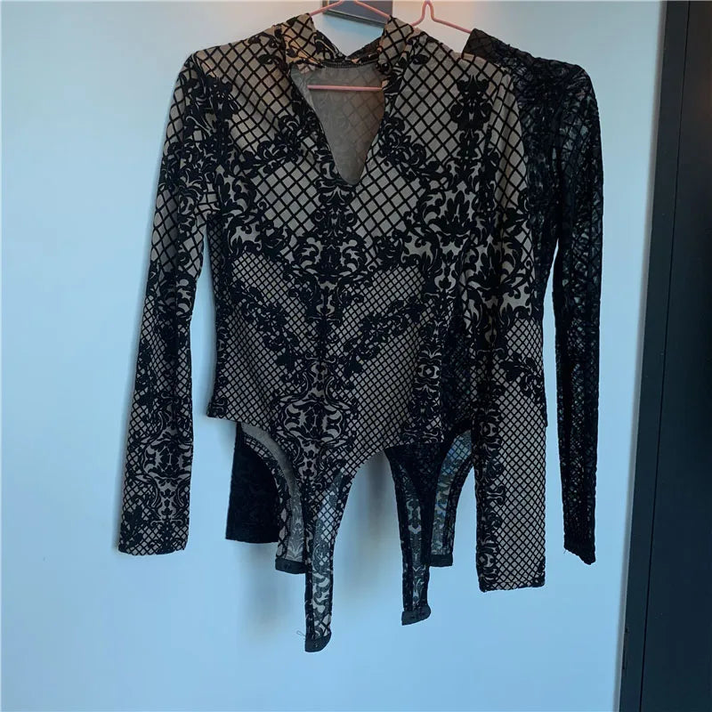Korean Style Mesh Bodysuit - Long Sleeve Backless Body Top