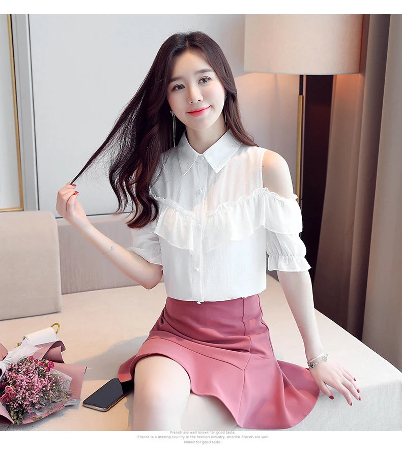 Korean Style Off-Shoulder Chiffon Blouse - Ruffle Sleeve Summer Top
