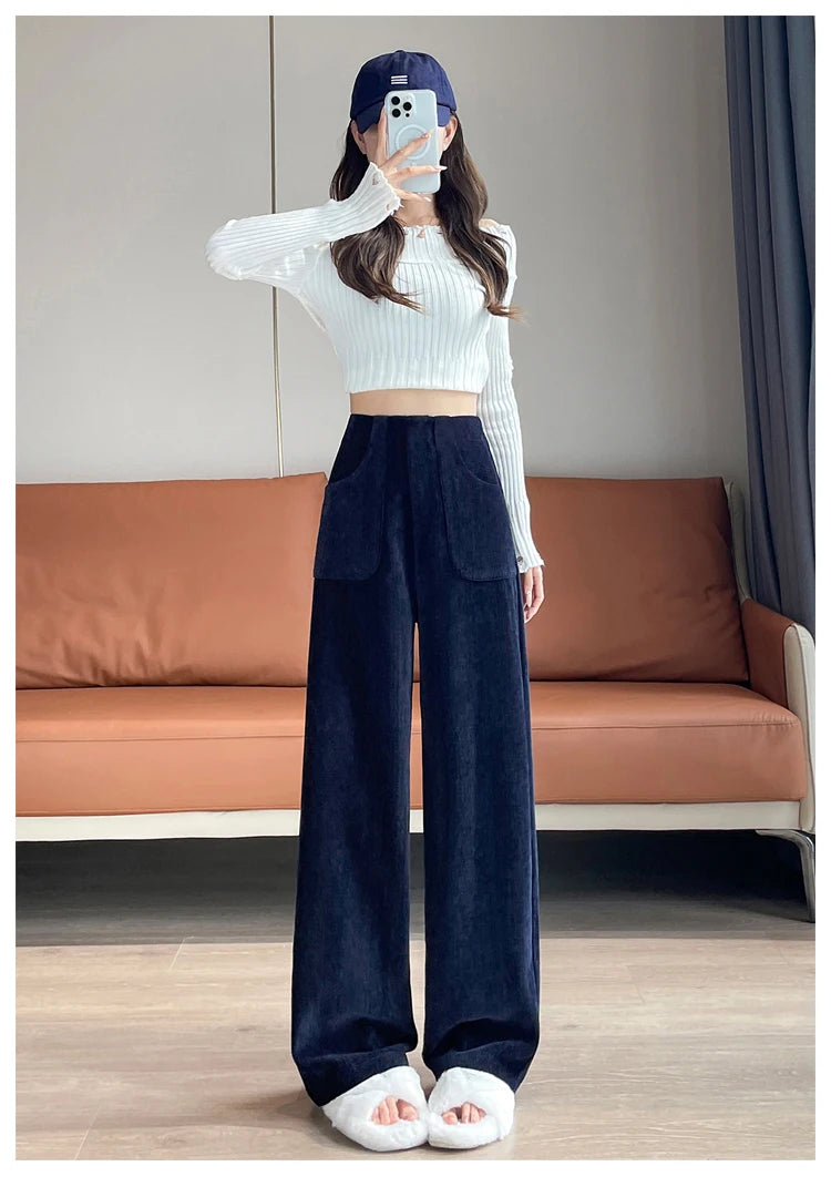 Korean Style High Waist Corduroy Wide Leg Trousers - Women's Vintage Casual Pants with Pockets