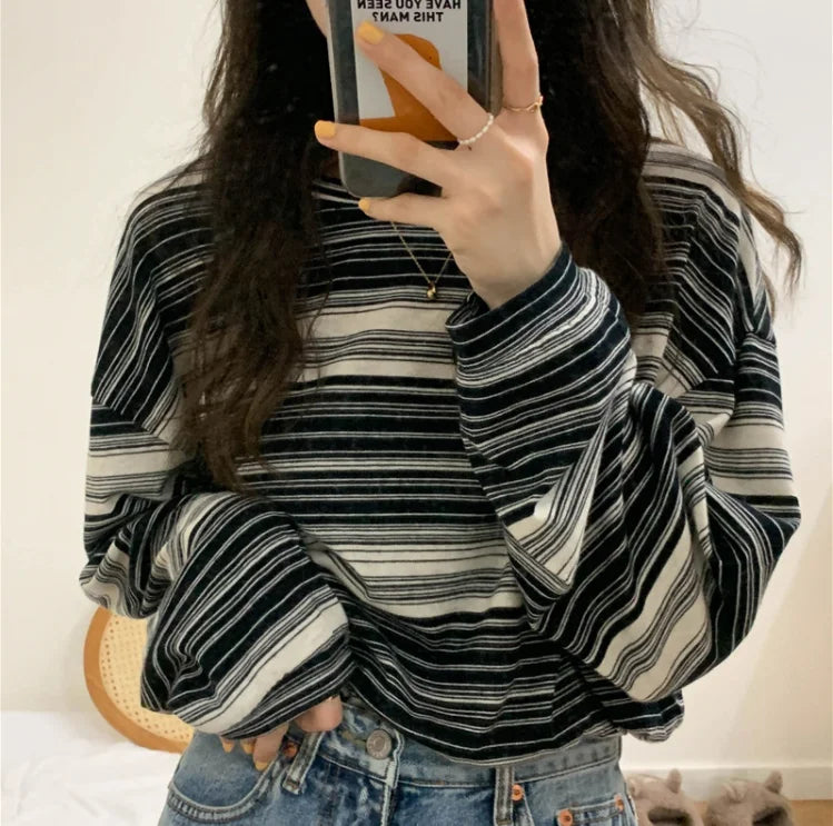 Korean Style Vintage Striped Long Sleeve T-Shirt - Women's Loose Fit Top