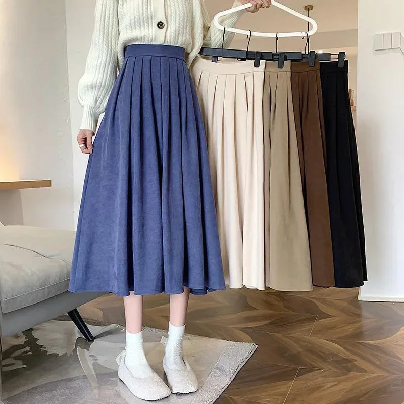 Korean Style Pleated Midi Skirt - Vintage Brown High Waist A-Line Skirt