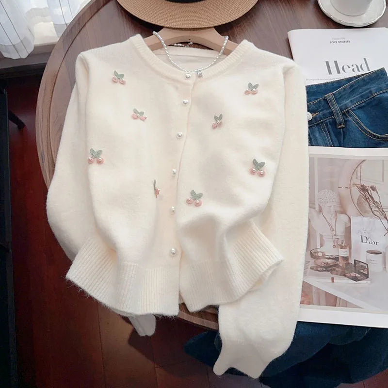 Korean Style Pearl Embellished Cardigan - Women's Knit Sweater