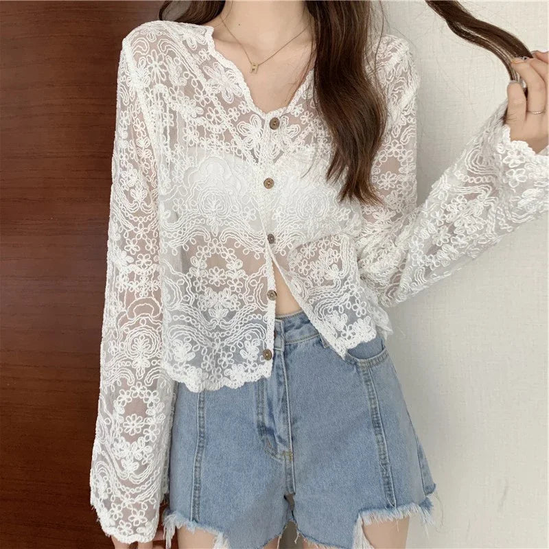 Korean Style Lace Blouse - Sheer Long Sleeve Summer Top