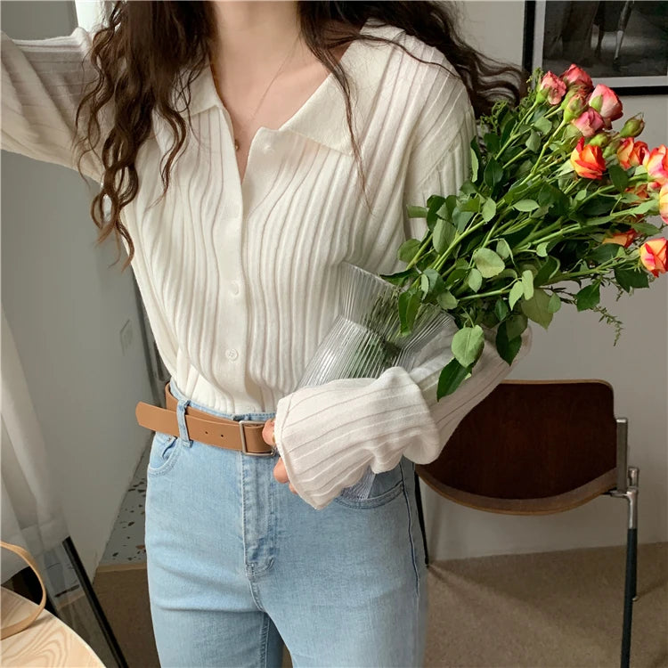 Korean Style Polo Collar Knit Cardigan - Women's Elegant Layering Sweater