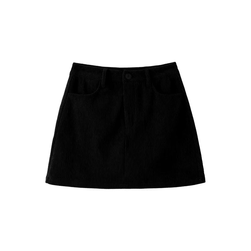 Korean Style High Waist Corduroy Mini Skirt - A-Line Vintage College Skirt with Pockets