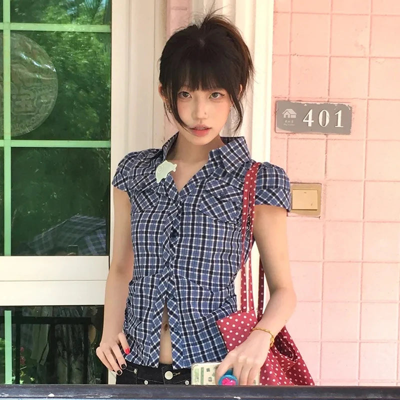 Korean Style Y2K Plaid Shirt - Women's Vintage Short Sleeve Blouse