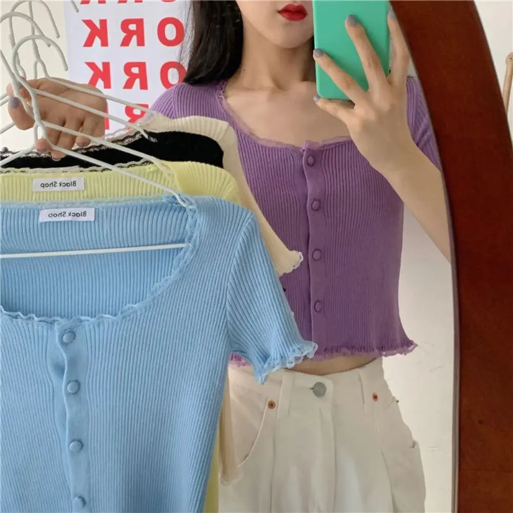 Korean Style Lace Knit Cardigan - Women's Slim Fit Button-Up Top