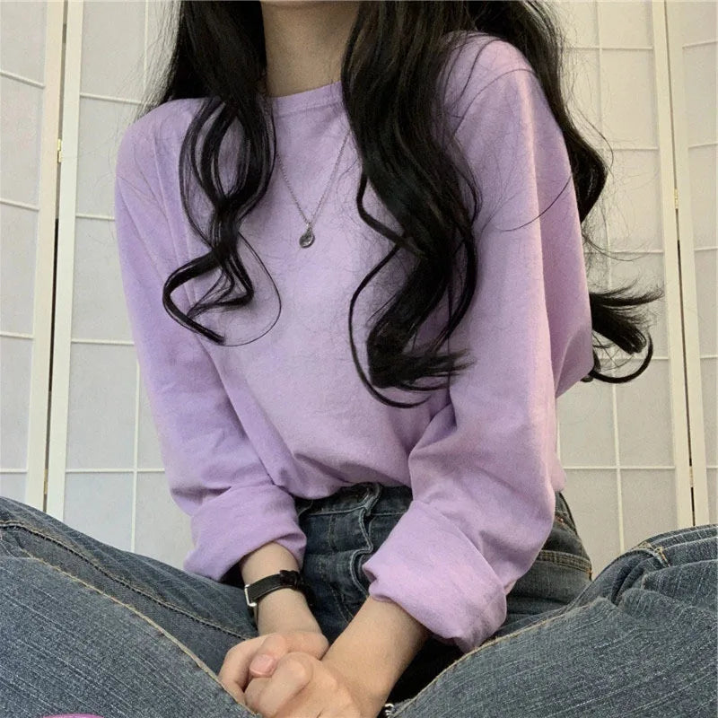 Korean Style Long Sleeve T-Shirt - Women's Loose Fit Basic Top
