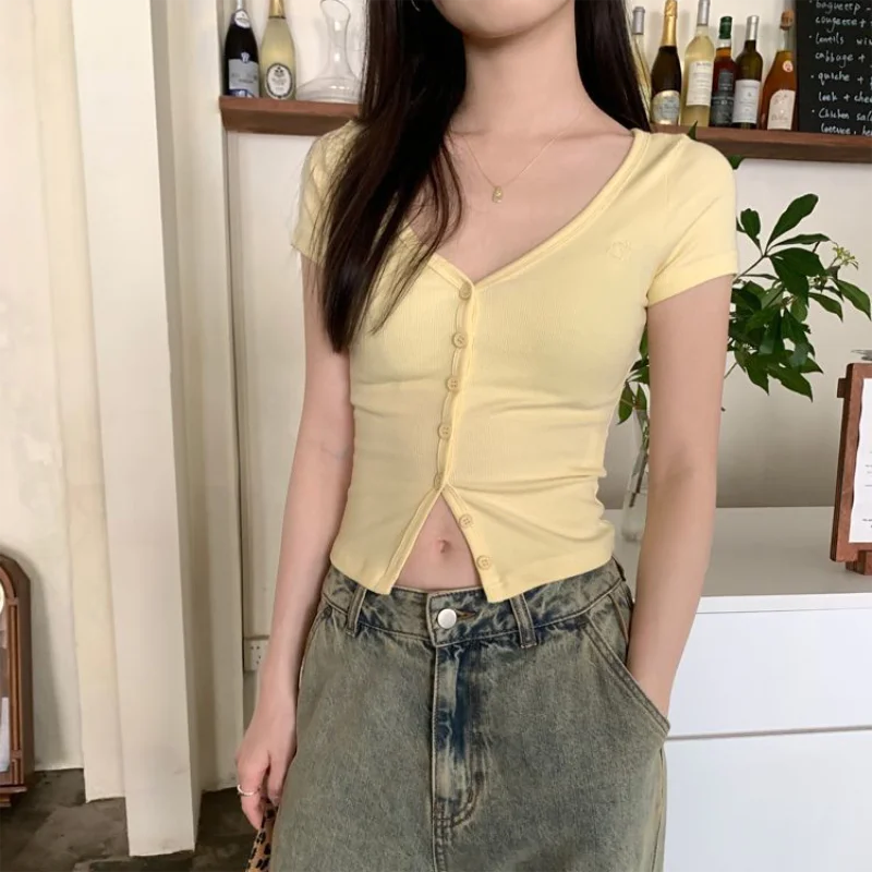 Sexy V-neck Single Breasted Short Sleeved Crop Top Cardigan Women's Summer New Korean Slim fit T-shirt Short