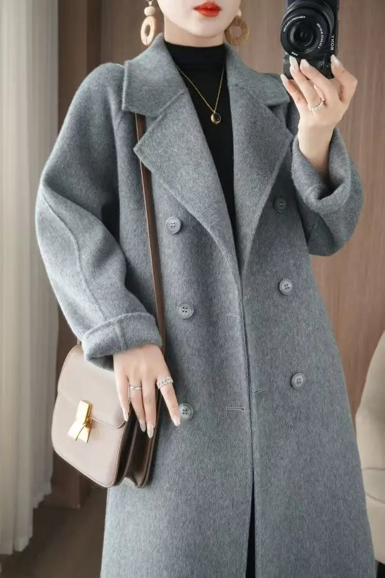 Korean Style Wool Coat - Women's Double-Breasted Mid-Length Winter Jacket