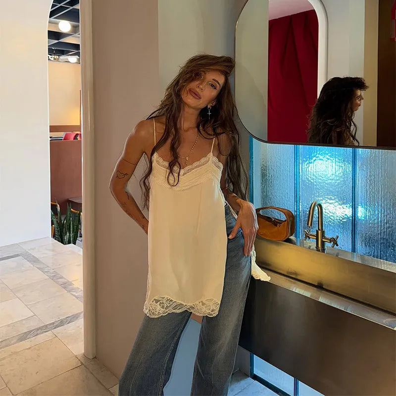 Korean Style Lace Cami Top - Elegant Sleeveless Square Neck Blouse