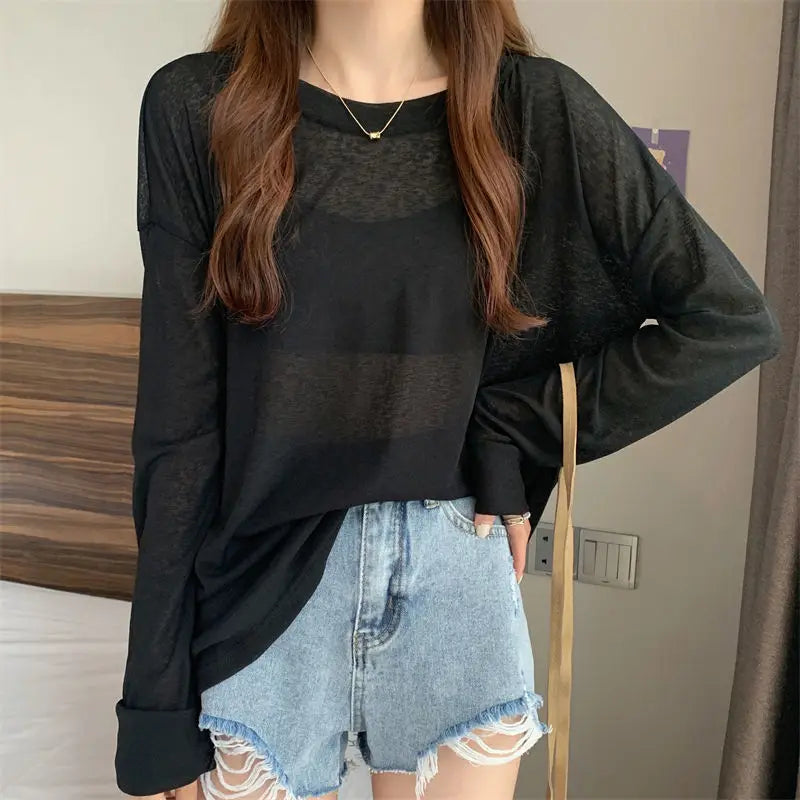 Korean Style Mesh Long Sleeve Cover Up Top