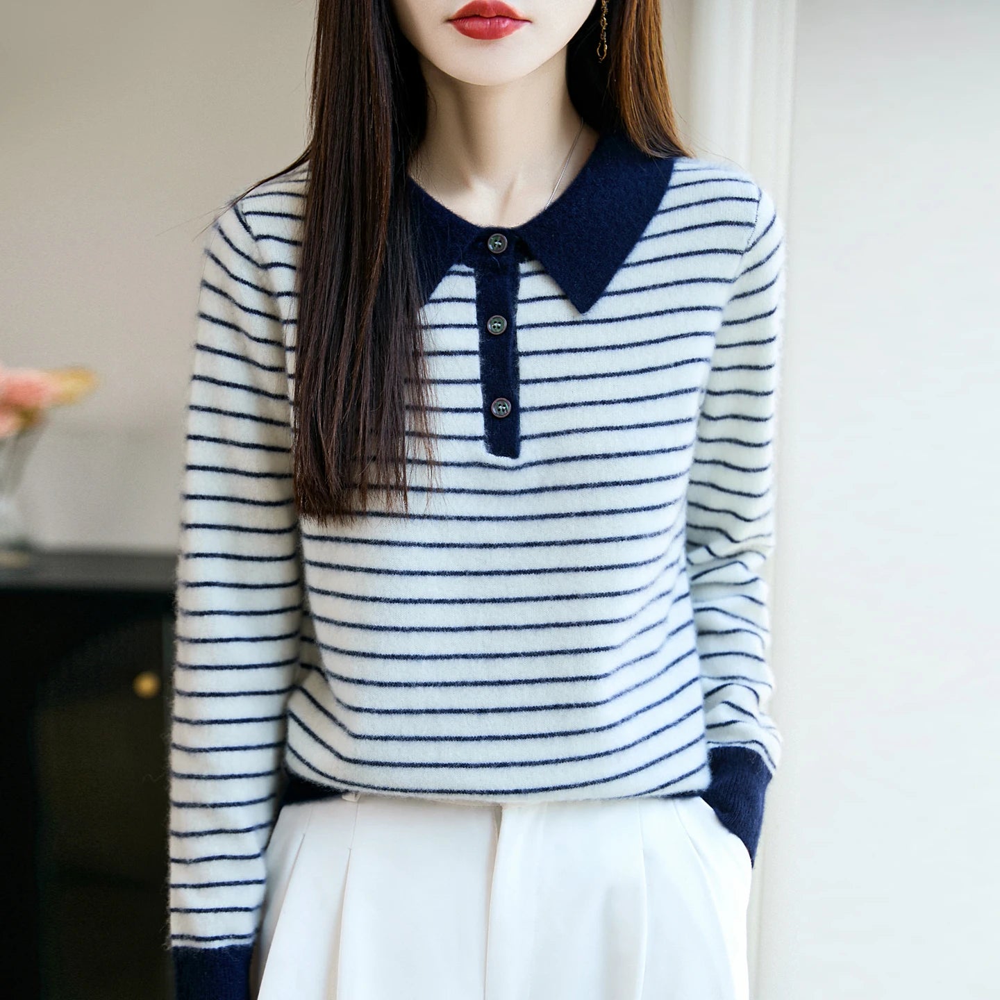 Korean Style Wool Polo Neck Jumper - Striped Knit Pullover for Women