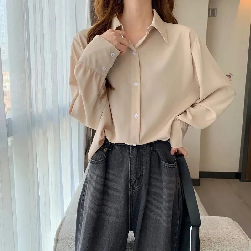 Korean Style White Chiffon Blouse - Elegant Long Sleeve Shirt for Women