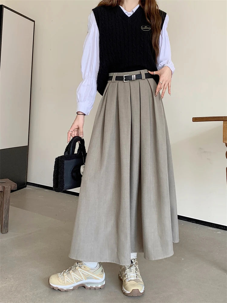 Korean Style Pleated Midi Skirt - A-Line High Waist Swing Skirt for Women