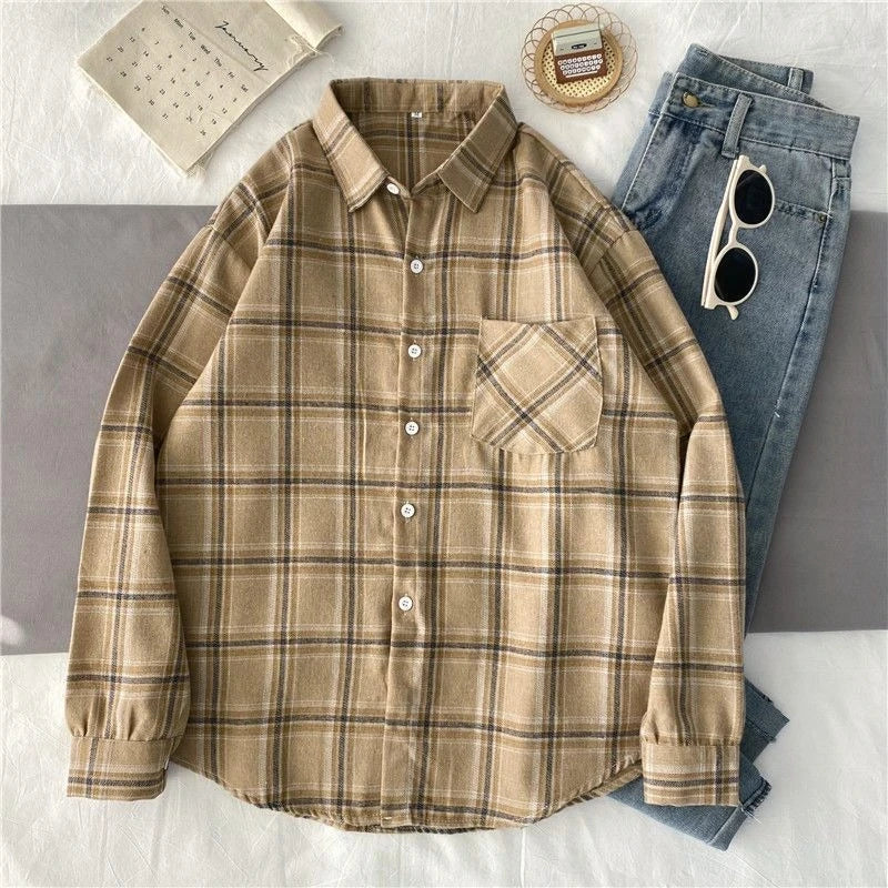 Korean Style Oversized Plaid Shirt - Women's Long Sleeve Button Up Blouse