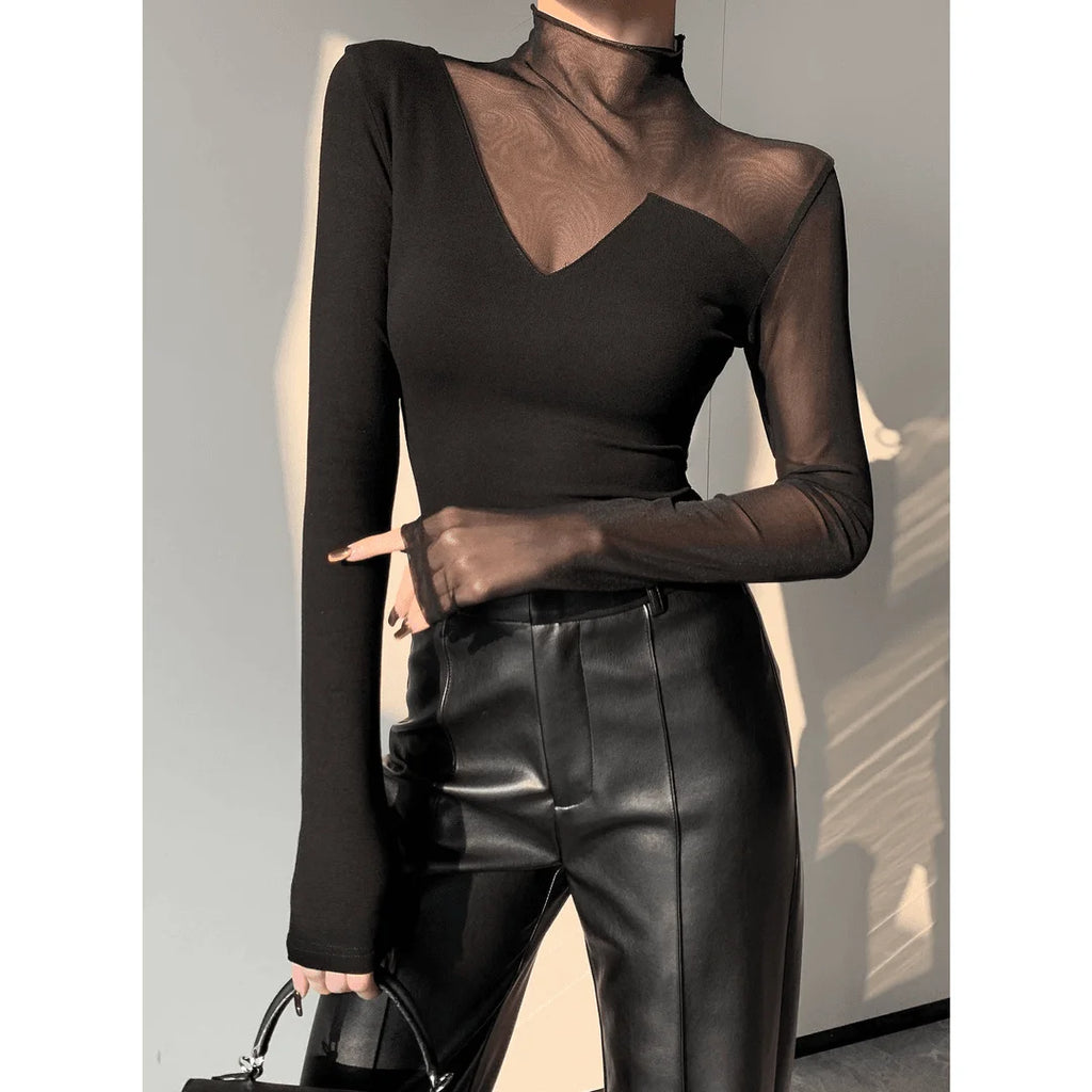 Korean Style Mesh Panel Long Sleeve Top - Elegant Black Sheer Patchwork Tee
