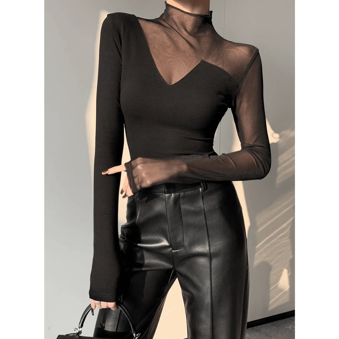 Korean Style Mesh Panel Long Sleeve Top - Elegant Black Sheer Patchwork Tee