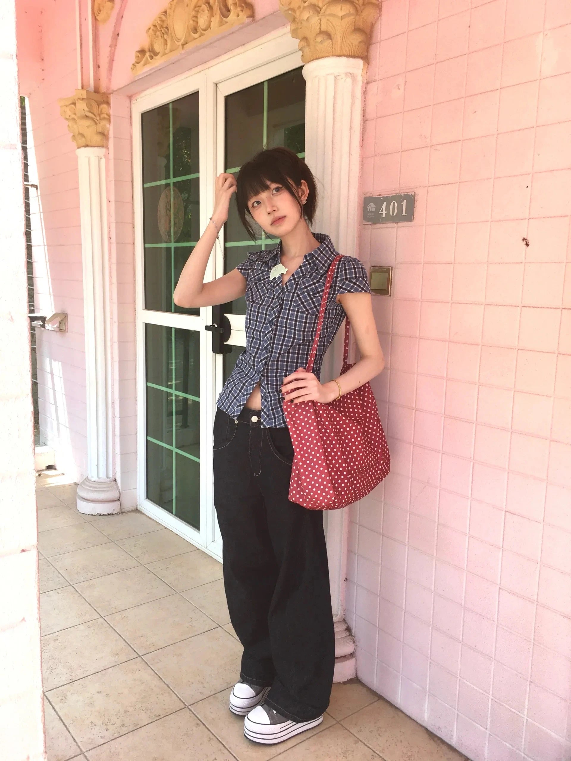 Korean Style Y2K Plaid Shirt - Women's Vintage Short Sleeve Blouse