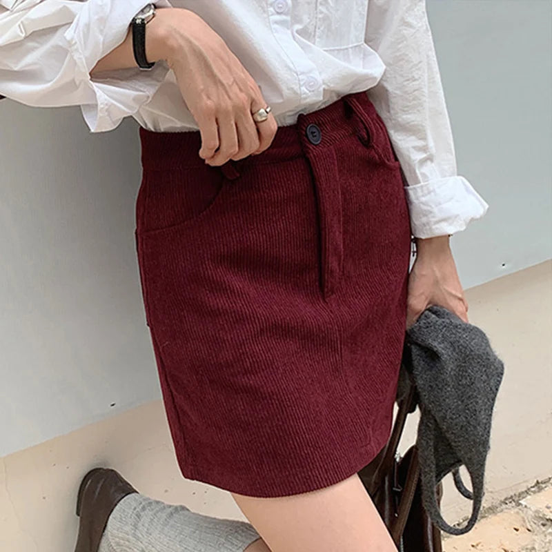 Korean Style High Waist Corduroy Mini Skirt - A-Line Vintage College Skirt with Pockets
