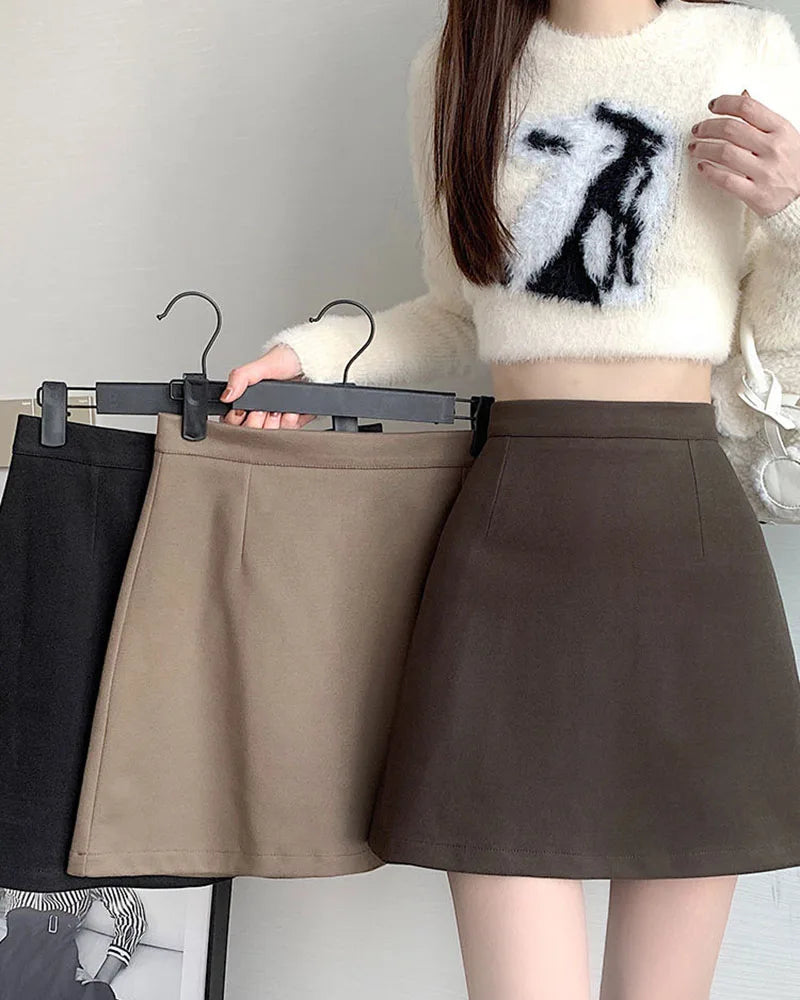Korean Style High Waist Woolen Mini Skirt - A-Line Bodycon Skirt with Zipper