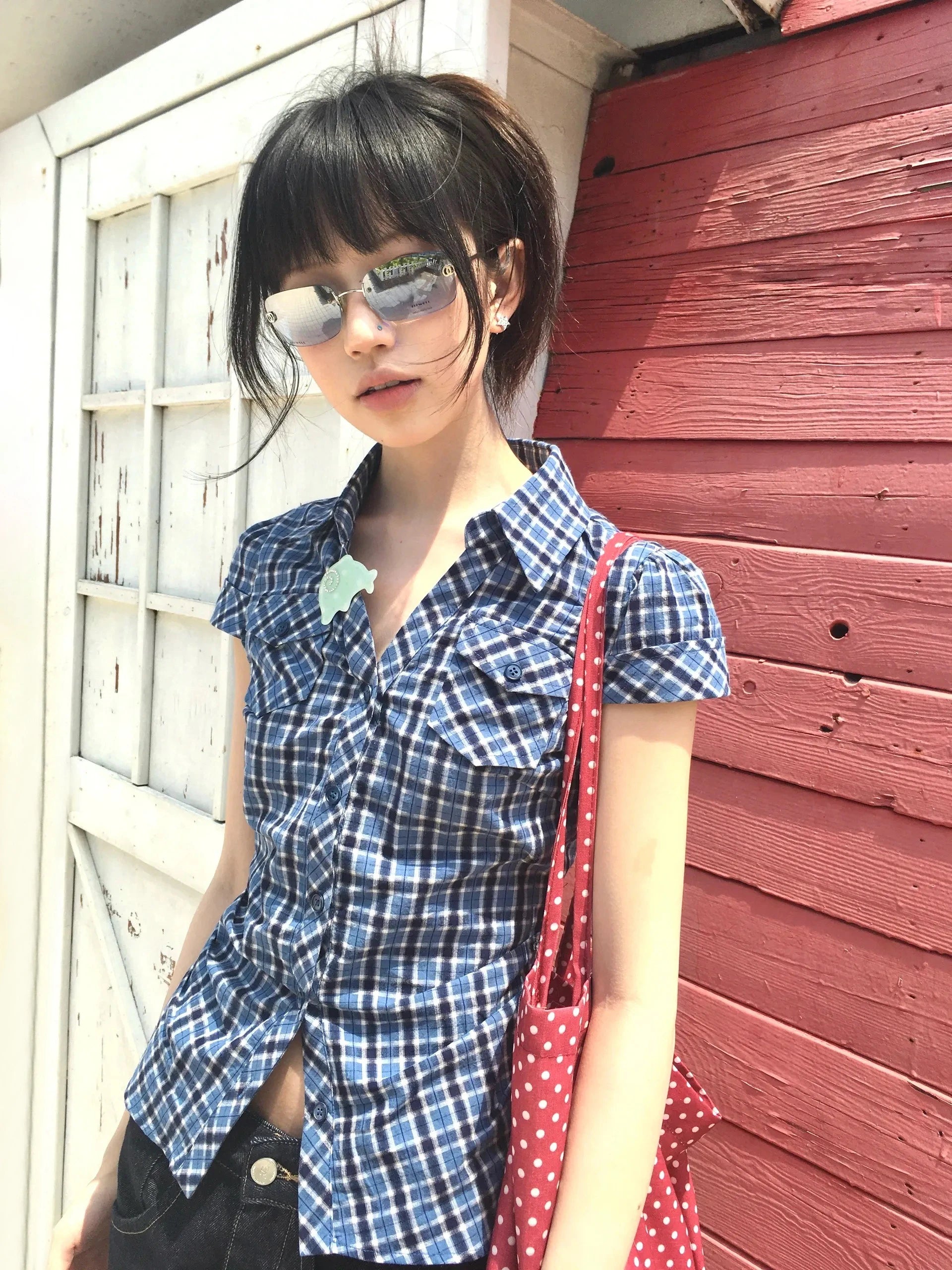 Korean Style Y2K Plaid Shirt - Women's Vintage Short Sleeve Blouse