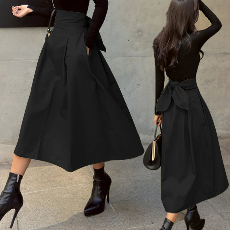 Korean Style High Waist A-Line Maxi Skirt - Elegant Lace-Up Long Skirt