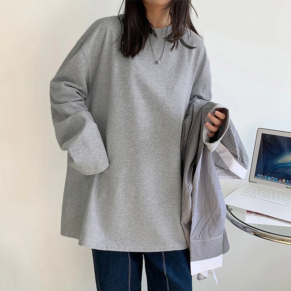 Korean Style Oversized Long Sleeve T-Shirt for Women - Casual Cotton Tee