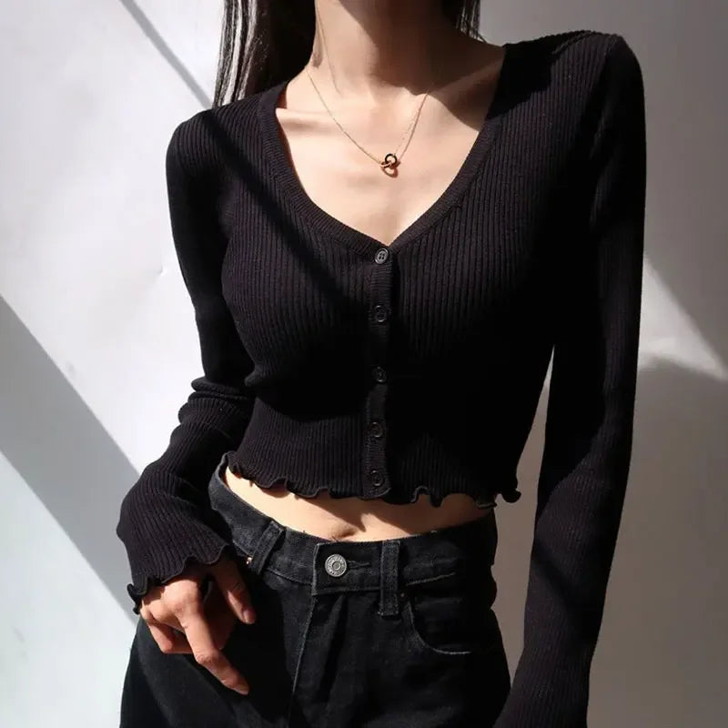 Korean Style Cropped Knit Cardigan - V-Neck Ruffle Hem
