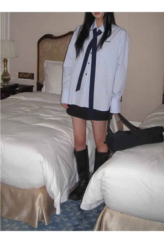 Korean Style Blue Striped Shirt - Women's Embroidered Long Sleeve Blouse