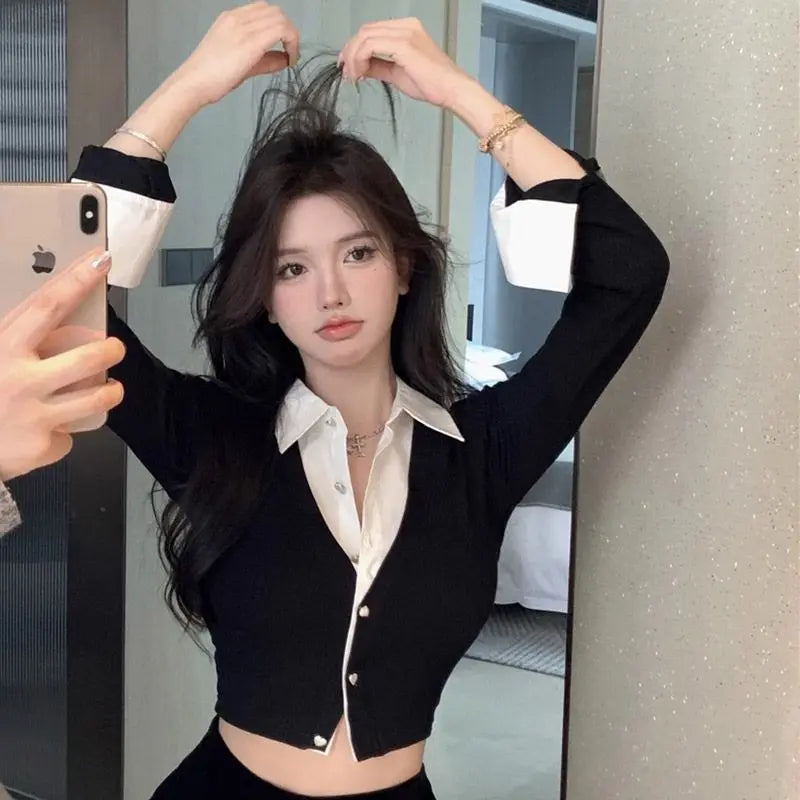 Korean Style Two-Piece Effect Blouse - Women's Slim Fit Cropped Shirt