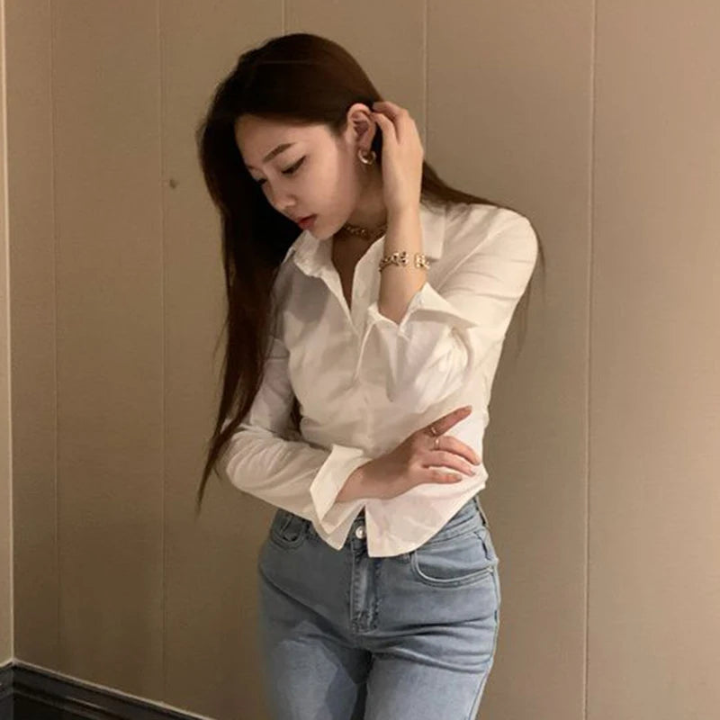 Korean Style Women's Slim Fit Cropped Blouse - Elegant Y2K Streetwear Shirt
