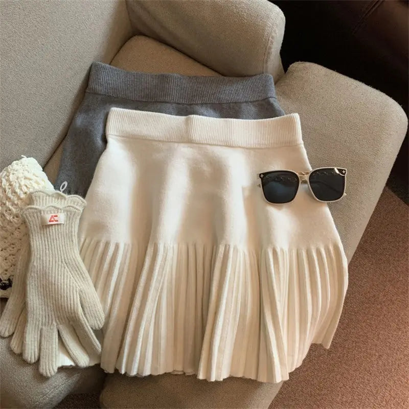 Korean Style Pleated Knit Mini Skirt - High Waist A-Line Skirt for Women