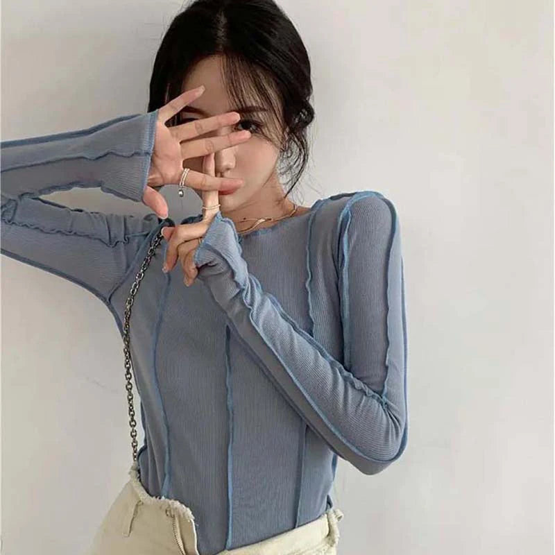 Korean Style Long Sleeve Top - Slim Fit with Contrast Line Detail