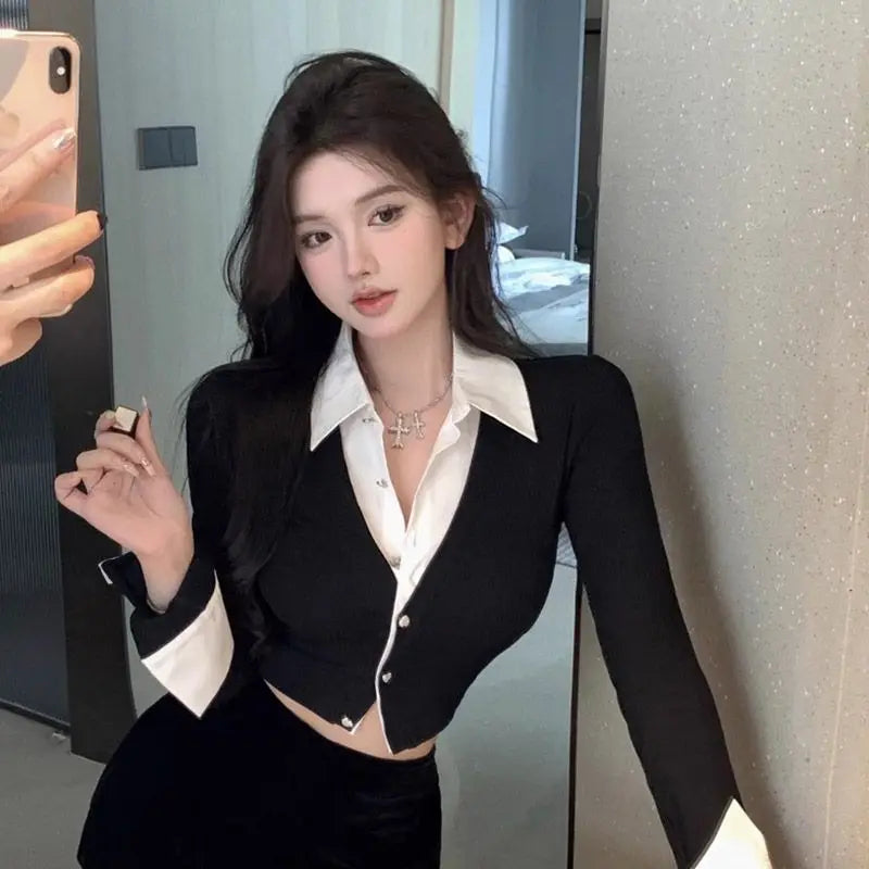 Korean Style Two-Piece Effect Blouse - Women's Slim Fit Cropped Shirt