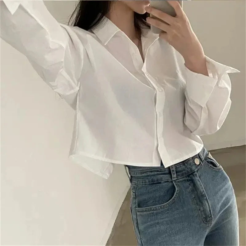Korean Style White Button-Up Blouse - Women's Long Sleeve Casual Shirt