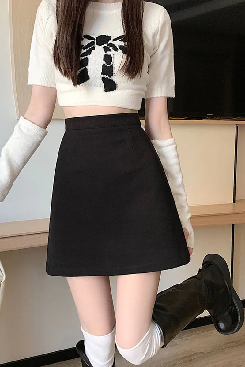 Korean Style High Waist Woolen Mini Skirt - A-Line Bodycon Skirt with Zipper