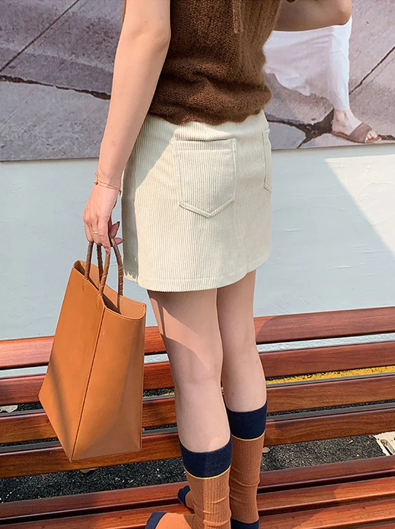 Korean Style High Waist Corduroy Mini Skirt - A-Line Vintage College Skirt with Pockets