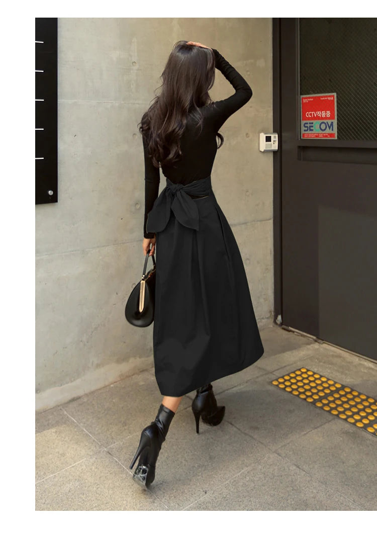 Korean Style High Waist A-Line Maxi Skirt - Elegant Lace-Up Long Skirt