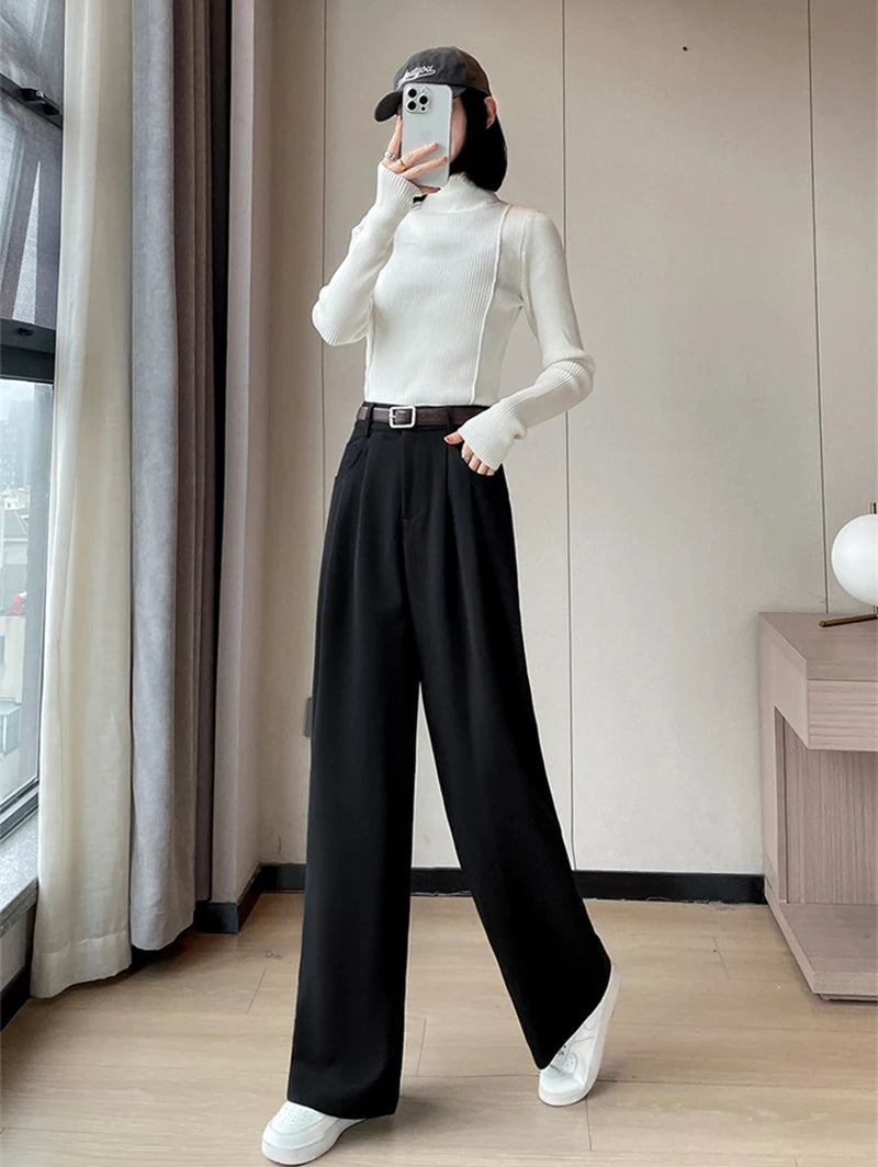 MEXZT Woolen Wide Leg Pants Women Streetwear Belt Fleece Baggy Black Suit Pants Winter Korean Fashion Casual Straight Trousers