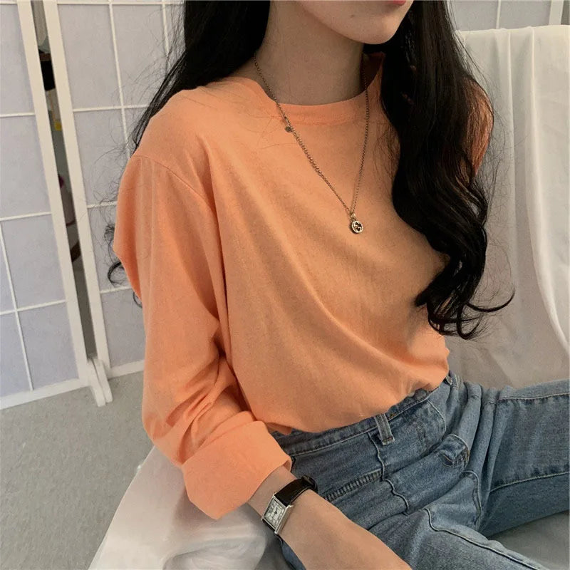 Korean Style Long Sleeve T-Shirt - Women's Loose Fit Basic Top
