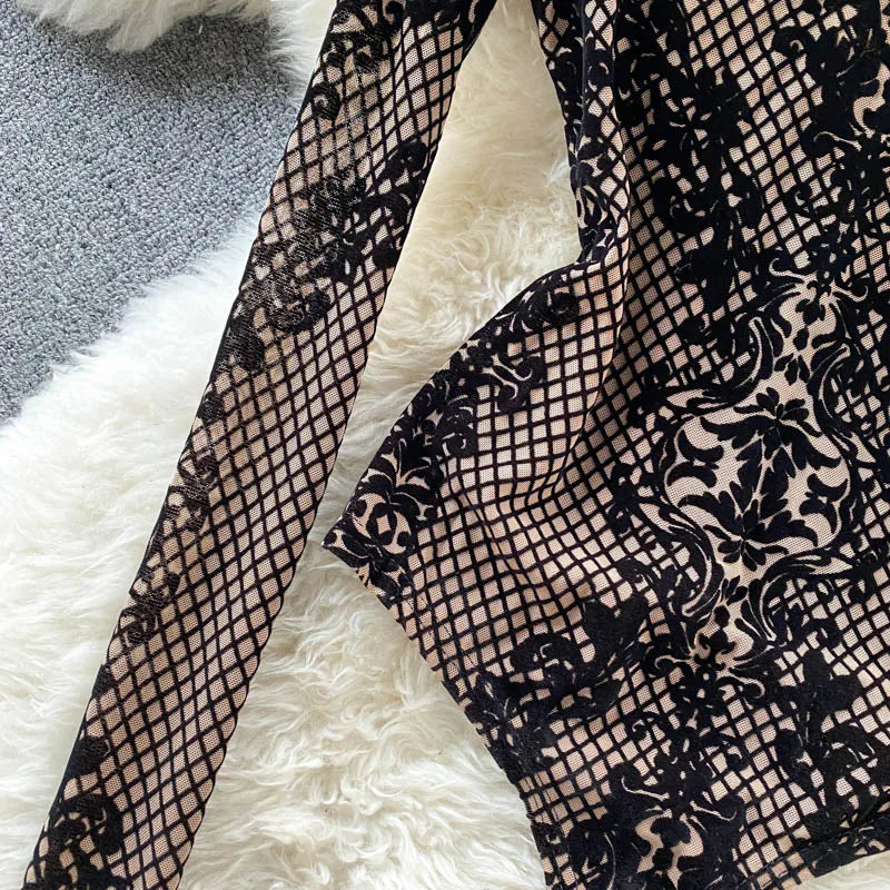 Korean Style Mesh Bodysuit - Long Sleeve Backless Body Top