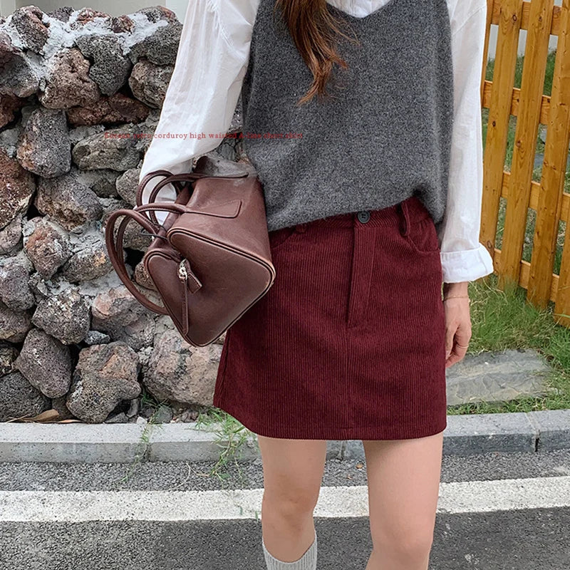 Korean Style High Waist Corduroy Mini Skirt - A-Line Vintage College Skirt with Pockets