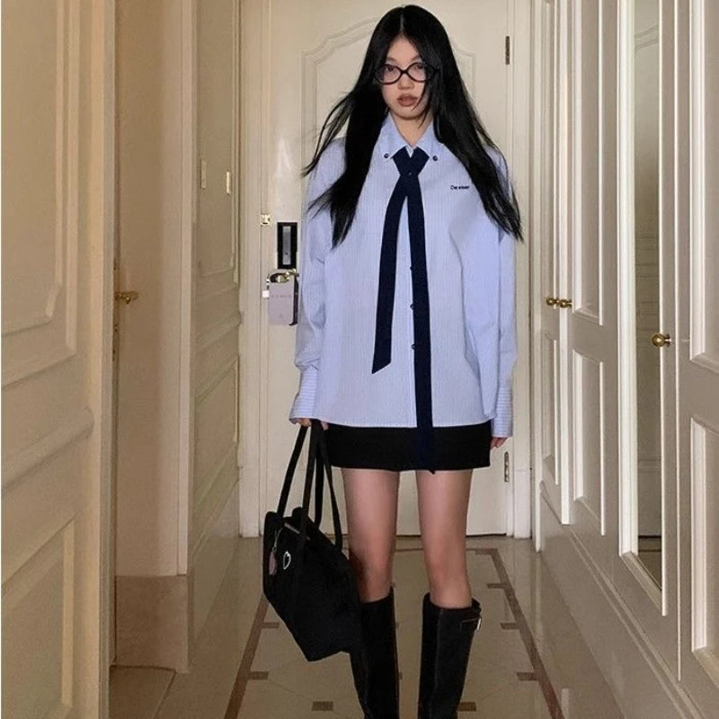 Korean Style Blue Striped Shirt - Women's Embroidered Long Sleeve Blouse