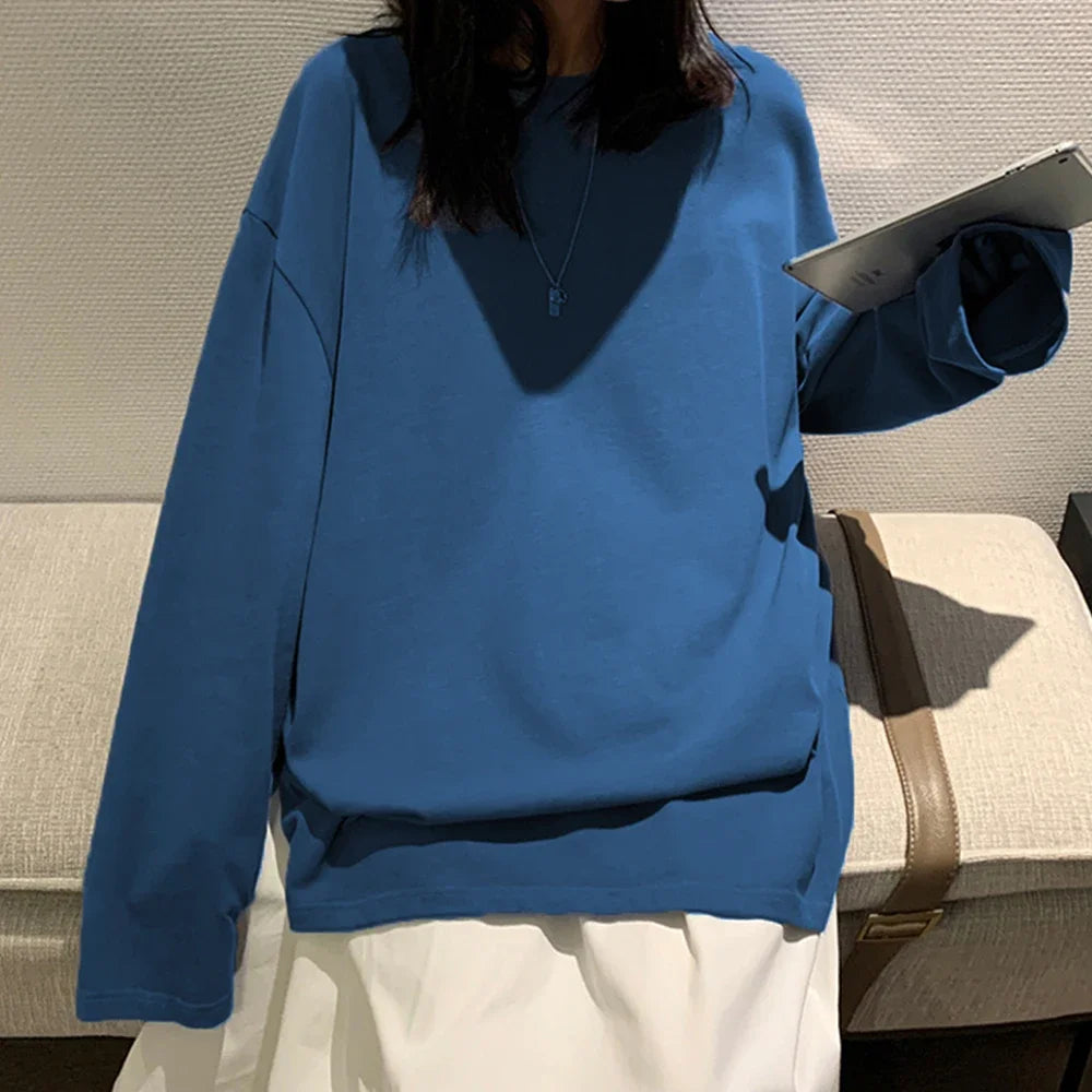 Korean Style Oversized Long Sleeve T-Shirt for Women - Casual Cotton Tee